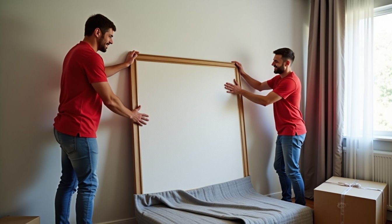 Dos trabajadores envolviendo un cuadro grande con plástico de burbujas y colcha de mudanza
