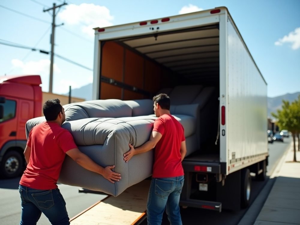Dos trabajadores subiendo un sillón a la caja de un camión de mudanzas