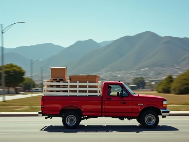 Camioneta con redilas cargada con cajas y una tarima por una avenida de Monterrey