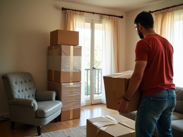 Cajas selladas y sillón envuelto en plástico de burbujas durante una mudanza de casa