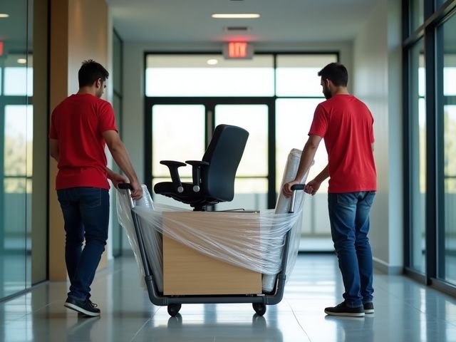 Silla y escritorio de oficina emplayados sobre un diablito en el lobby de un edificio